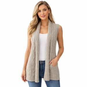 CAbi Sweater Vest Womens Small Beige Open Front Cable Knit Collared Longline